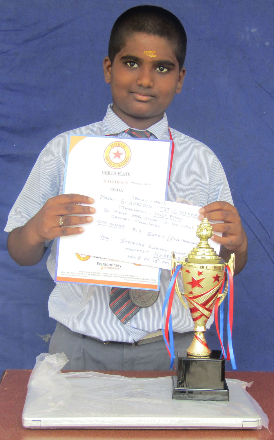 MASTER HARIDESH S 5A Secured the Ist place in the Chess competition organised by Kilpauk Chess centre &  IIIrd place FIDE rated Chess Tournament organised by Valliammai Trust.